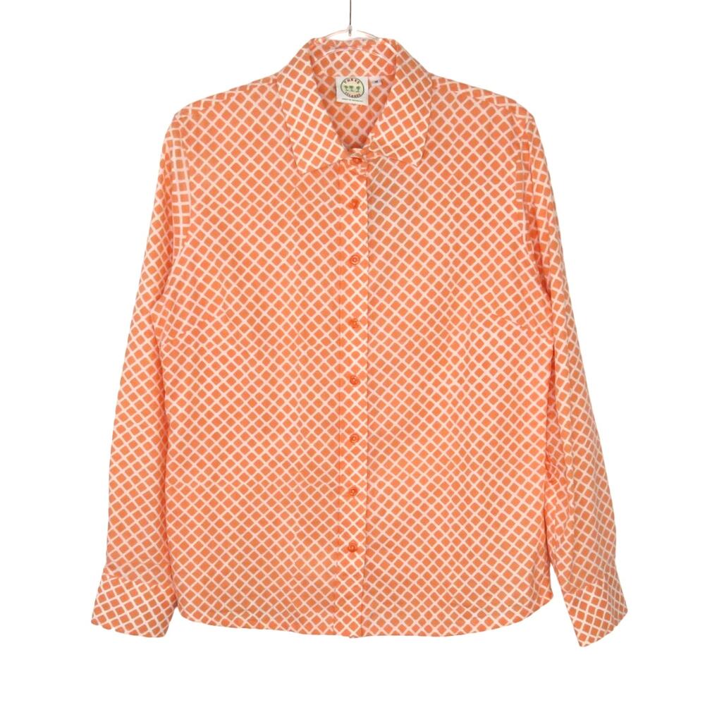 Three Islands Peach Diamond Pattern Women's Preppy Button Down Blouse Medium